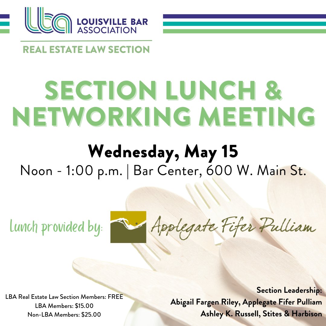 Join the LBA's Real Estate Law Section for a networking lunch at the newly-renovated Bar Center. Stay updated on the latest developments in the field, network with fellow professionals and enjoy lunch sponsored by Applegate Fifer Pulliam.

Register now: bit.ly/3UozotZ