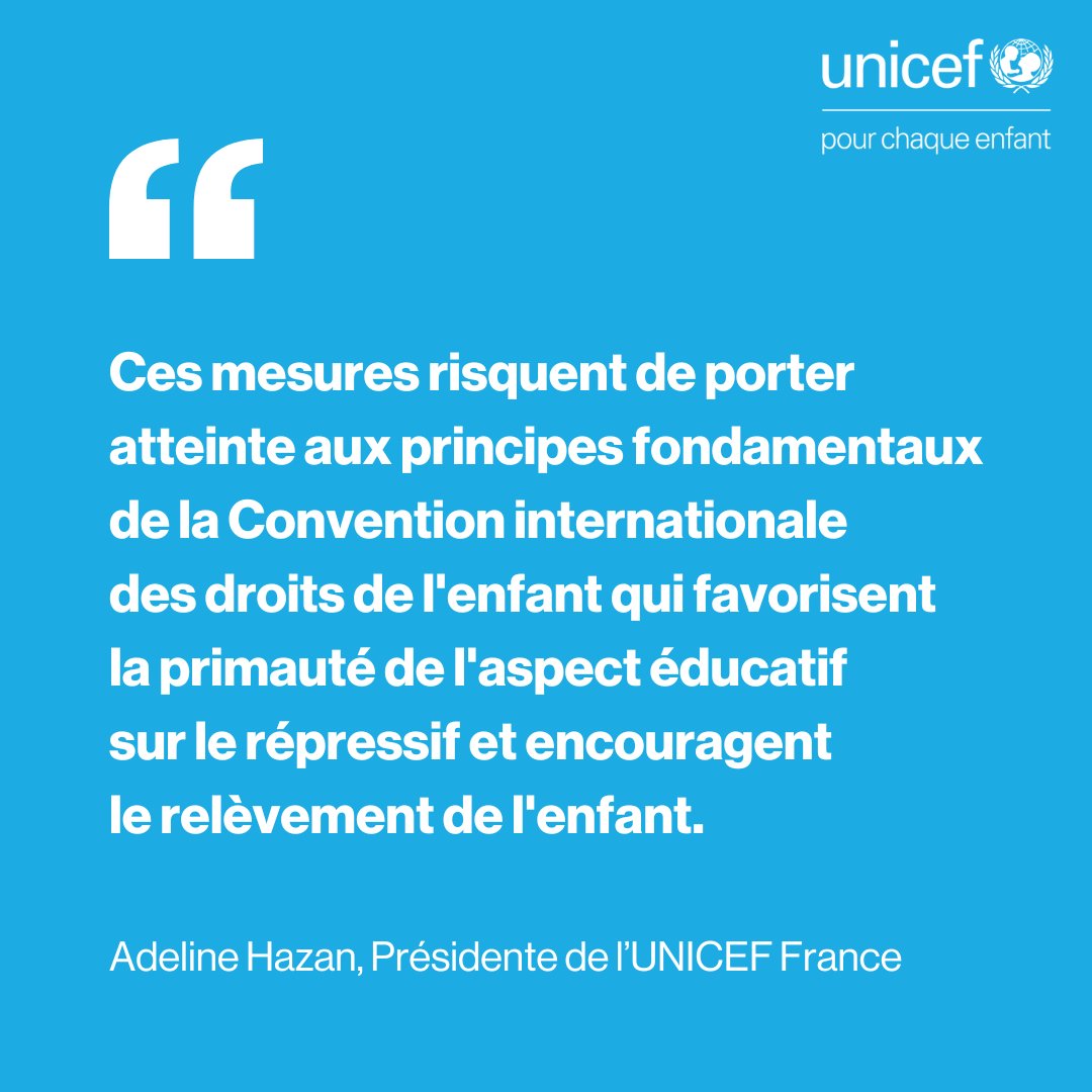 L'UNICEF France exprime sa vive préoccupation à l'égard des mesures annoncées dans le discours de <a href="/GabrielAttal/">Gabriel Attal</a> à Viry-Châtillon, lesquelles semblent compromettre les avancées de la justice pénale des mineurs. unicef.fr/article/discou… <a href="/AdelineHazan/">Adeline Hazan</a> <a href="/UNICEF_Media_Fr/">UNICEF France Médias</a>