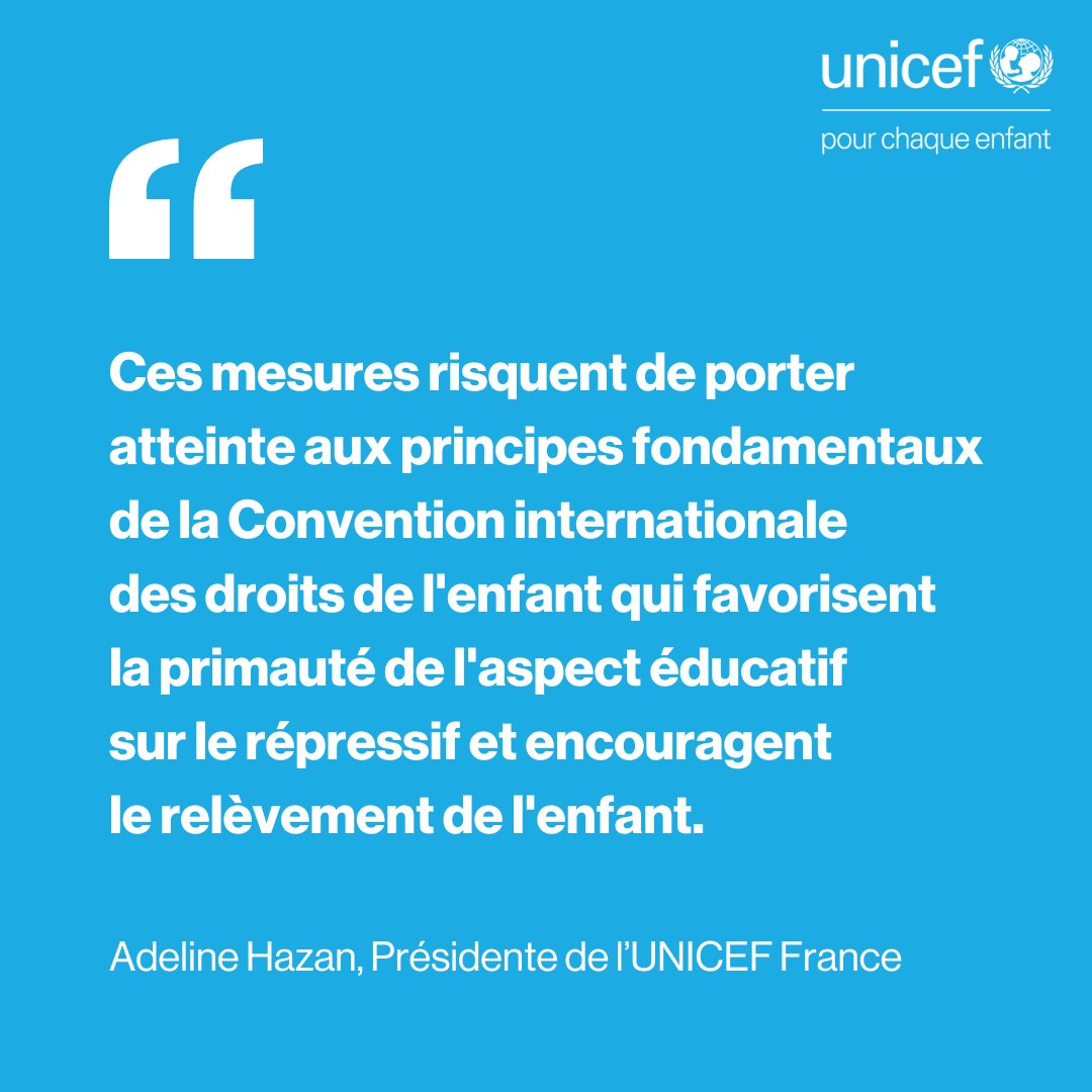 L'UNICEF France exprime sa vive préoccupation à l'égard des mesures annoncées dans le discours de @GabrielAttal à Viry-Châtillon, lesquelles semblent compromettre les avancées de la justice pénale des mineurs. unicef.fr/article/discou… @AdelineHazan @UNICEF_Media_Fr