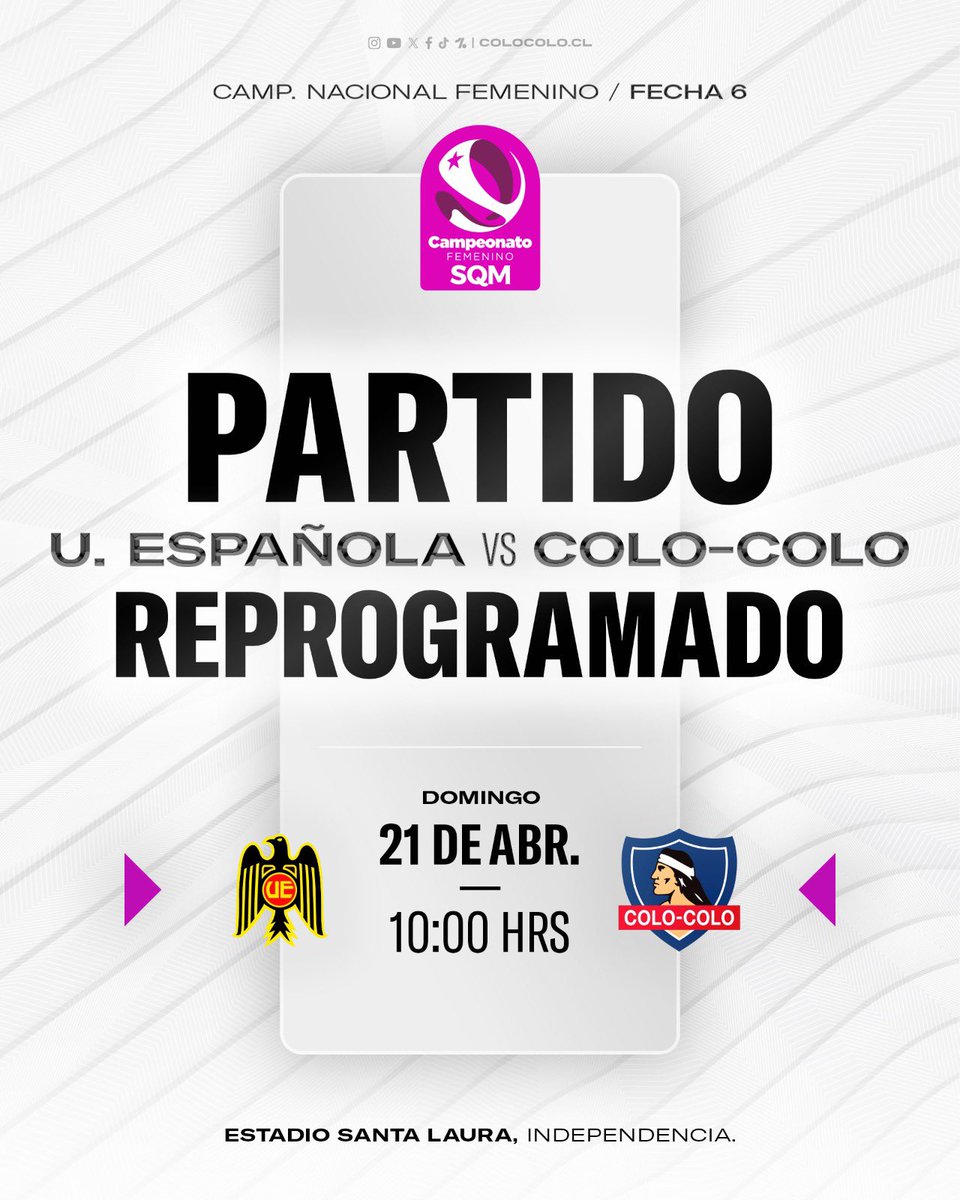 ColoColoFem's tweet photo. Cambio de 𝒅𝒊́𝒂, 𝒉𝒐𝒓𝒂 𝒚 𝒆𝒔𝒕𝒂𝒅𝒊𝒐 🚨

Las Albas visitan a Unión Española este domingo por la Fecha 6 del Campeonato SQM 🏆 https://t.co/WlgbhXX1Uu