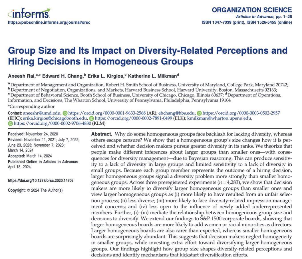 Does a homogeneous group's size matter for how it’s seen and if it’s diversified? Yes! Our new @OrganizationSci paper suggests decision-makers neglect gender and racial homogeneity in smaller groups while investing extra effort to diversify larger homogeneous groups