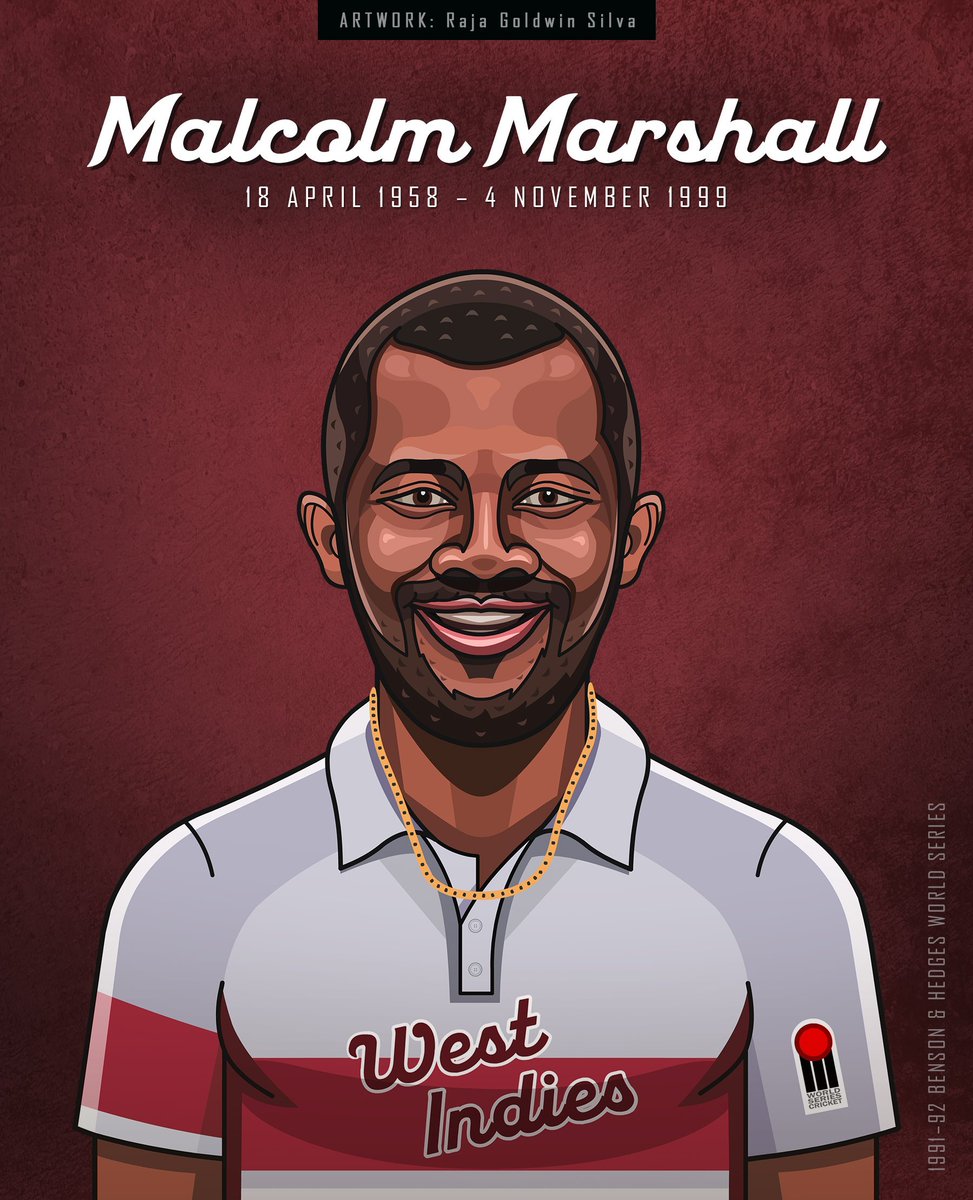 On this day in 1958, Malcolm Marshall was born. 
ARTWORK: @RajaGoldwin 🖌🎨
..
@ICC @windiescricket
@Windieslegends @wiplayers
@WSCupCricket @90sCricket
..
#BornthisDay #MalcolmMarshall #Cricket #Portrait #Artwork #Illustration #90sCricket #WindiesCricket #RajaGoldwinSilva
