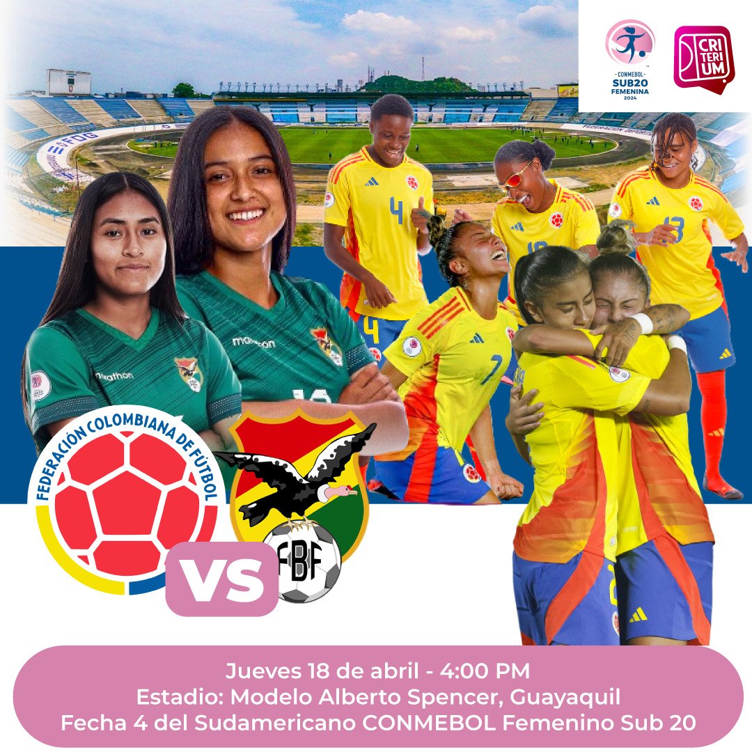 Todas las emociones del juego entre <a href="/FCFSeleccionCol/">Selección Colombia</a> 🇨🇴 y <a href="/laverde_fbf/">LA VERDE</a> 🇧🇴 por la Fecha 4 del Sudamericano CONMEBOL Femenino Sub 20, desde las 3:45 PM con el equipo de <a href="/CriteriumDep/">CRITERIUM- 🇨🇴#ColombianosEnElExterior ☕</a>

En vivo, por nuestro canal de Youtube: youtube.com/live/YcaR5G9RQ…

#FútbolFemenino #Sub20FEM