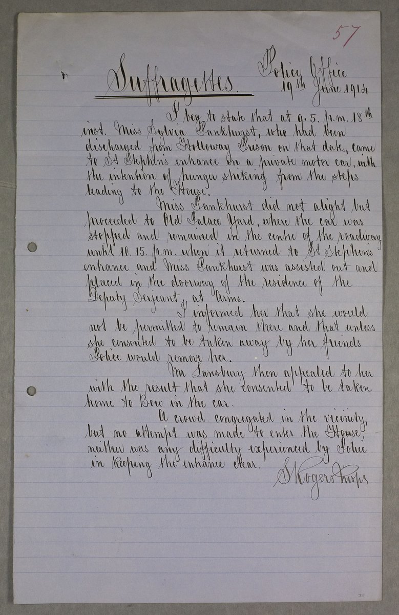 A Blue Plaque is a great honour to celebrate someone's achievements, Sylvia Pankhurst received a Plaque in 1985 for her activism and campaigning for women's rights. Here is a police report from 1914 about Pankhurst intending to hunger strike at St Stephen's Porch. #TowerAwards