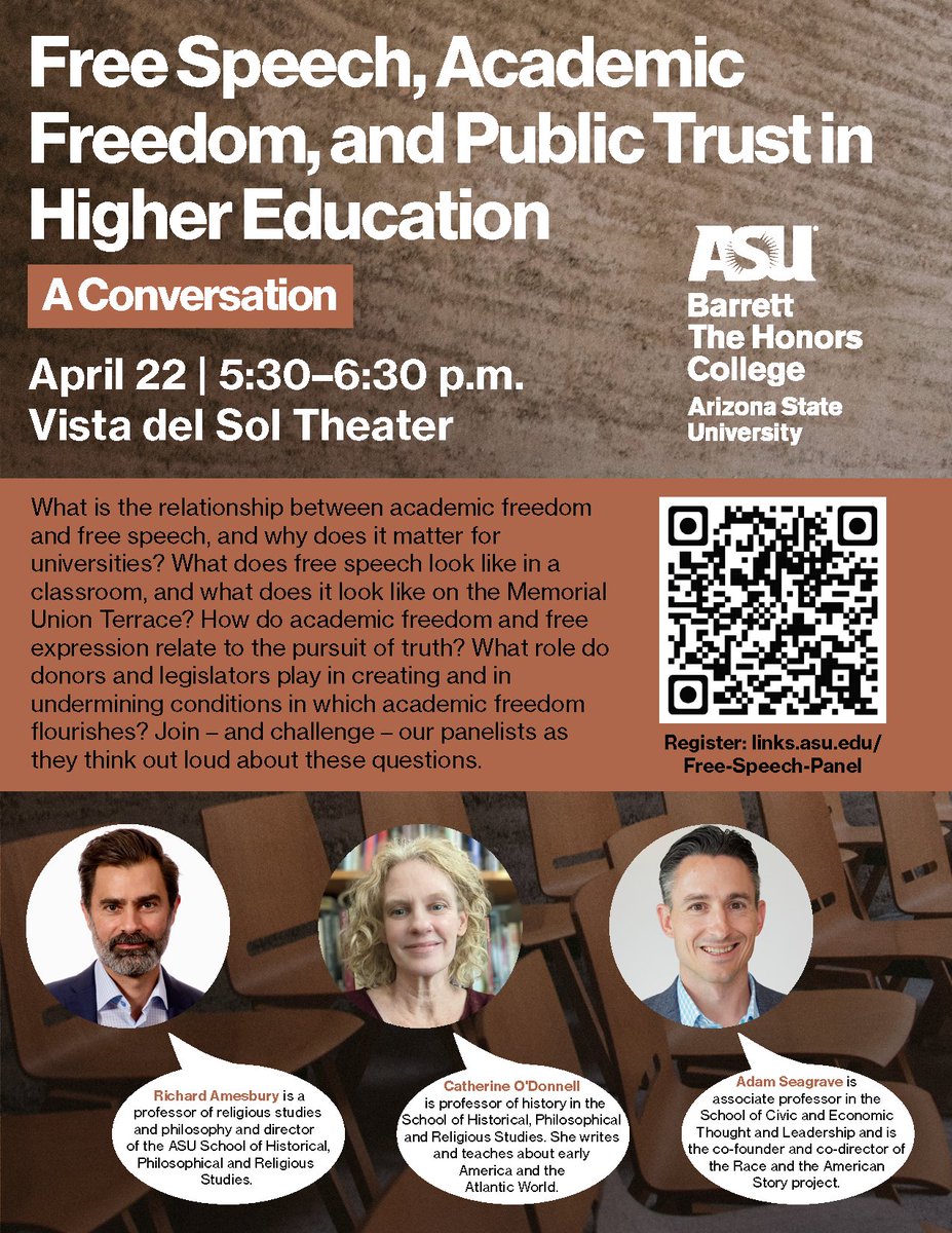 Join Drs. Richard Amesbury and Catherine O'Donnell for a conversation on 'Free Speech, Academic Freedom, and Public Trust in Higher Education.' 🗓️ Monday, April 22 🕐 5:30 – 6:30 p.m. 📍 Vista Del Sol Theater 🔗 na.eventscloud.com/ereg/newreg.ph…