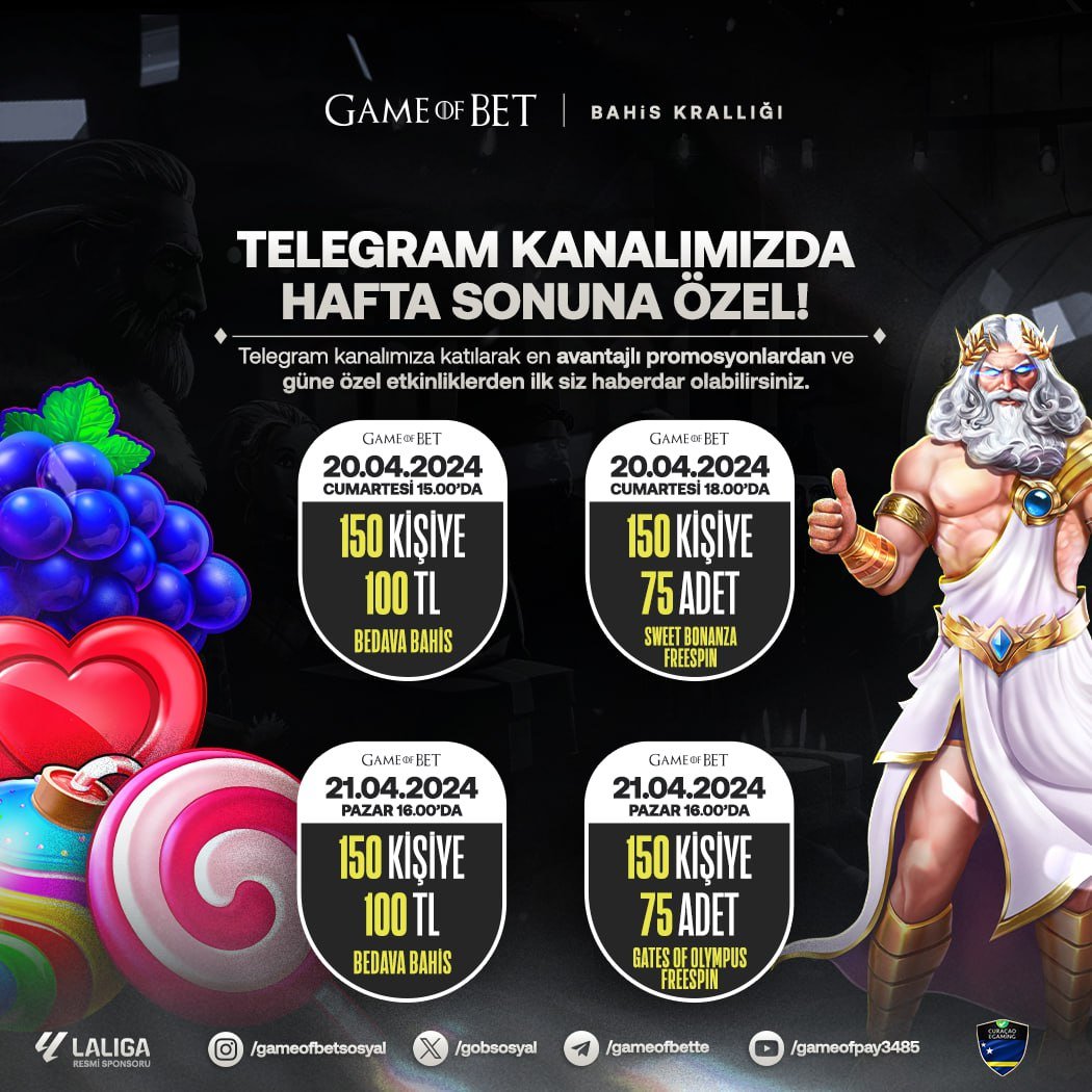 🚨  #GAMEOFBET TELEGRAMDA KRAL HAFTASONU  🚨

💸 Haftasonu Boyunca Nakit Ödül Ve Freespin Fırsatları #Gameofbet'te 🎰

‼️ ETKİNLİĞİMİZDEN FAYDALANABİLMENİZ İÇİN SON 1 HAFTA İÇERİSİNDE MİNİMUM 200 TL YATIRIMINIZIN OLMASI GEREKLİDİR.

✅ Telegram Kanalımız: t.me/gameofbette