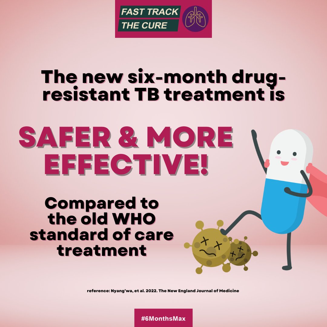 Not only does the new #6MonthsMax drug-resistant TB therapy cut the treatment duration significantly, it is more effective and safer than traditional DR-TB treatments. Help to Fast Track the Cure by signing this petition TODAY! bit.ly/FastTrackTheCu… #EndTB #YesWeCanEndTB