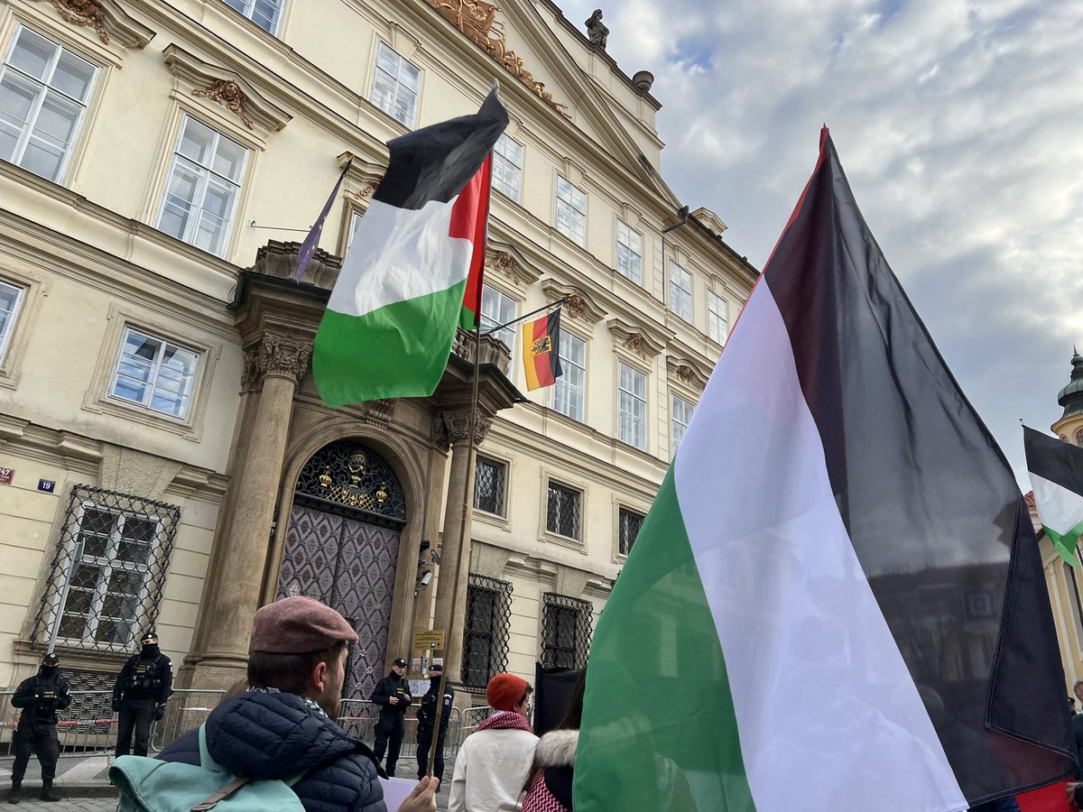 Dear @GhassanAbuSitt1 They tried to silence you, so we read your speech in front of the German embassy in Prague. #StopArmingIsrael #Gaza #CeasefireNOW #FreePalestine