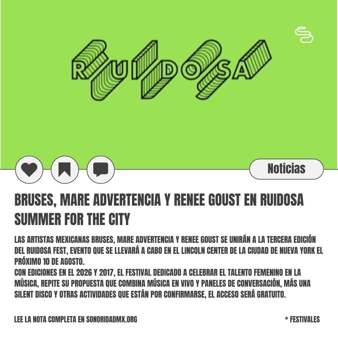 Ruidosa fest regresa en el 2024, su tercera edición en Nueva York incluirá nuevamente a #MujeresQueHacenRuido, entre ellas se encuentran las mexicanas Bruses, Mare Advertencia y Renee Goust.

Lee más en el link buff.ly/3Q9494q