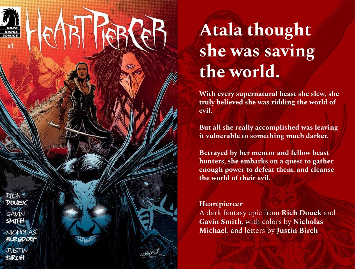 If you thought @rdouek had conquered horror, just wait until you see him tackle fantasy. And the incredible designwork by @gavinpsmith! HEARTPIERCER is gonna be your new favorite title at @DarkHorseComics.