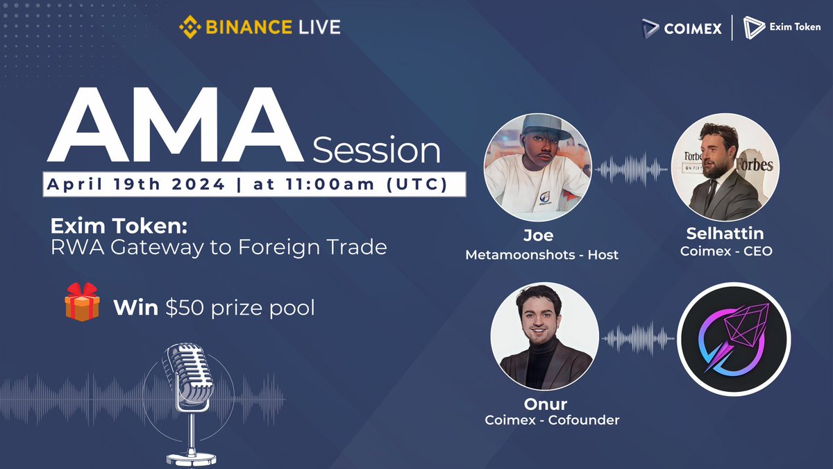 We're pleased to announce our live video AMA session with @metamoonshots on Binance Live tomorrow where we share more insights into Exim Token's RWA Gateway.
There's gonna be a $50 prize pool as well. Don't miss out! 
#BinanceLiveAMA #BinanceLive $EXIM