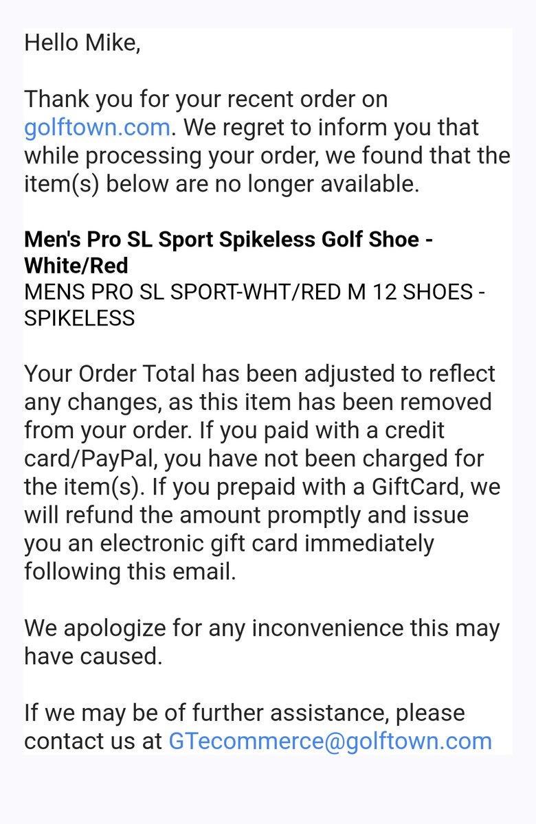 TheMikeTav's tweet photo. @GolfTown is this really how you guys treat customers? I waited over a week to have my order "processed" then you simply say sorry,  thanks for coming? I could have ordered another color if you didn't have inventory. Horrible business practice! Not even a remedy to the situation. https://t.co/jze9Uhn9CS