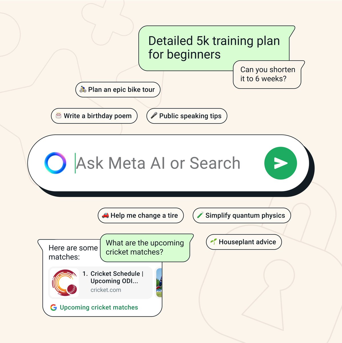 Meta AI on WhatsApp is expanding to more than a dozen countries in English 🌍 

if it’s available in your country, you can now ask Meta AI a question right from the search feature at the top of your chats