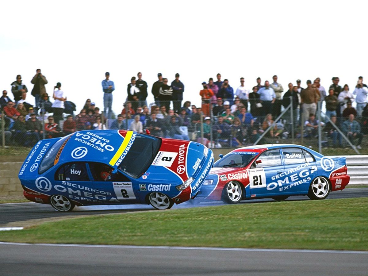Will Hoy and Julian Bailey, both Toyota Carina E GTi. BTCC Championship round (Silverstone), 1993. #Touring #BTCC #Toyota #Hoy #Bailey #Silverstone