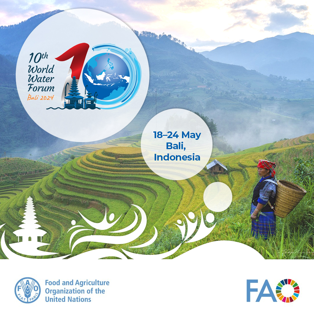 .@FAO at the 10th World Water Forum in Bali to address global water challenges! Check out FAO's calendar here ➡️tinyurl.com/3z2ue8j @WWaterForum10