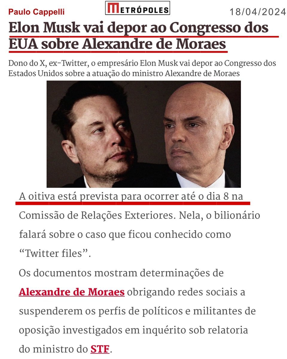 anapaulahenkel's tweet photo. Comentei sobre essa possibilidade ontem no Oeste Sem Filtro, agora confirmado: Elon Musk vai depor à Câmara dos EUA sobre Alexandre de Moraes e suas ordens. Depoimento agora será na importante Comissão de Relações Exteriores.

Não custa repetir: este foguete do Elon não dá ré. https://t.co/v2lOehmQwS