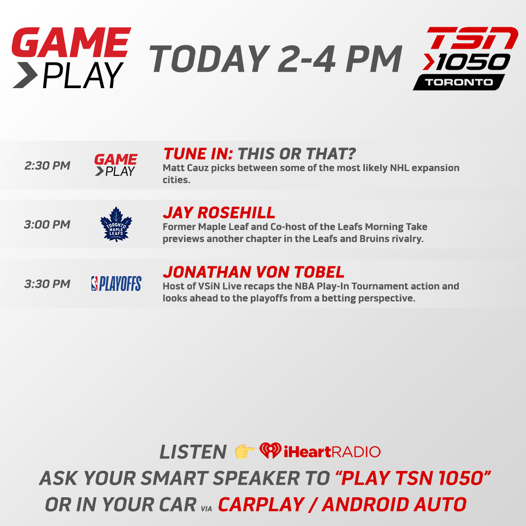 Coming up today on #GamePlay, @mcauz56 will be joined by @Jay_D_Rosehill and @meJVT! Listen from 2-4pm on your home speakers, @TSN_Sports App, @iHeartRadioCA App or player.toronto.tsn.ca!