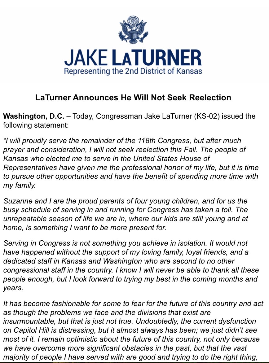 Olivia_Beavers's tweet image. New GOP retirement announcement --- Kansas Rep. Jake LaTurner