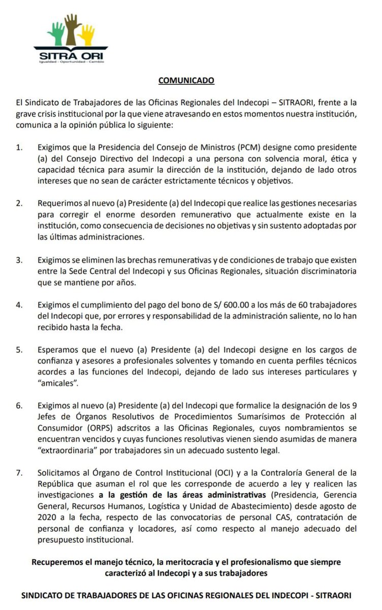 sitraori's tweet photo. 📣📢 Ante la situación del Indecopi, SITRAORI hace público el siguiente comunicado: https://t.co/YIa5geoKne