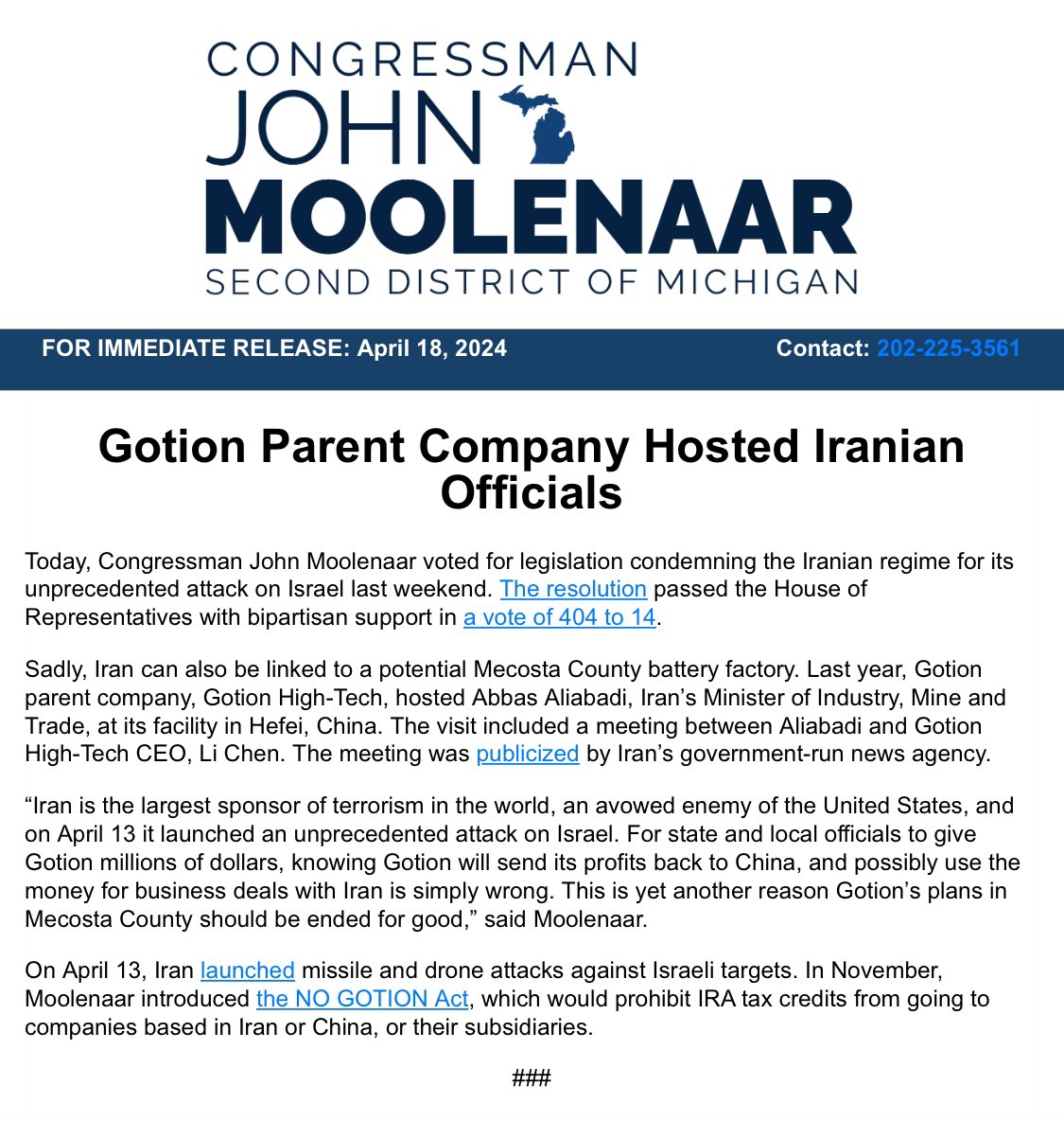 .@RepMoolenaar reminds us CCP Gotion hosted the Iran regime last year at its Chinese HQ. The company previously admitted Gotion Inc. is “wholly owned and controlled” by Gotion High-tech. @GovWhitmer is giving CCP Gotion $715 million in Michigan taxpayer dollars.