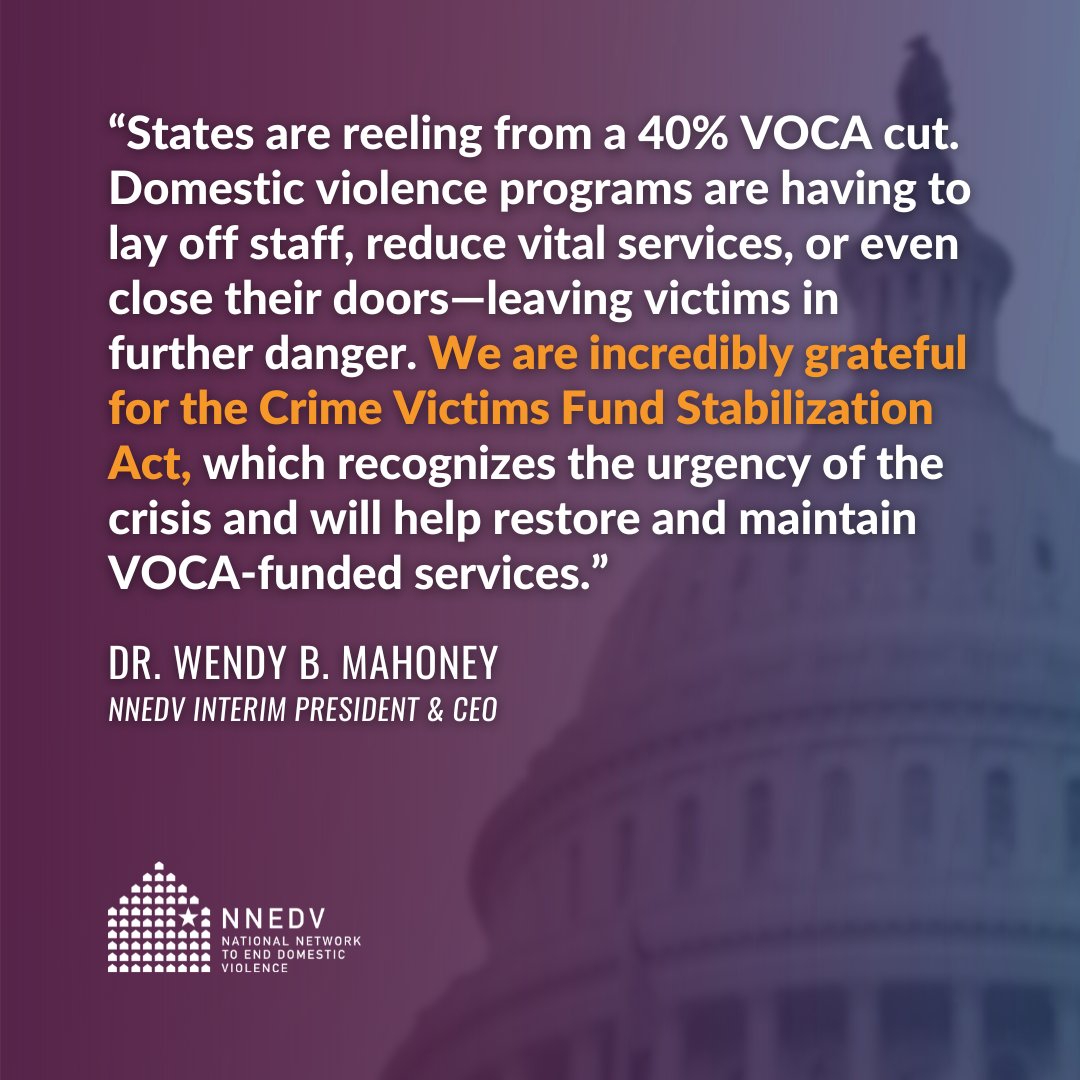 Great news! NNEDV is grateful to @RepAnnWagner for introducing the Crime Victims Fund Stabilization Act of 2024, with bipartisan co-leads @RepNateMoran, @RepDebDingell, @RepBice, and @RepJimCosta. Domestic violence programs across the country have been reeling from a 40% cut...