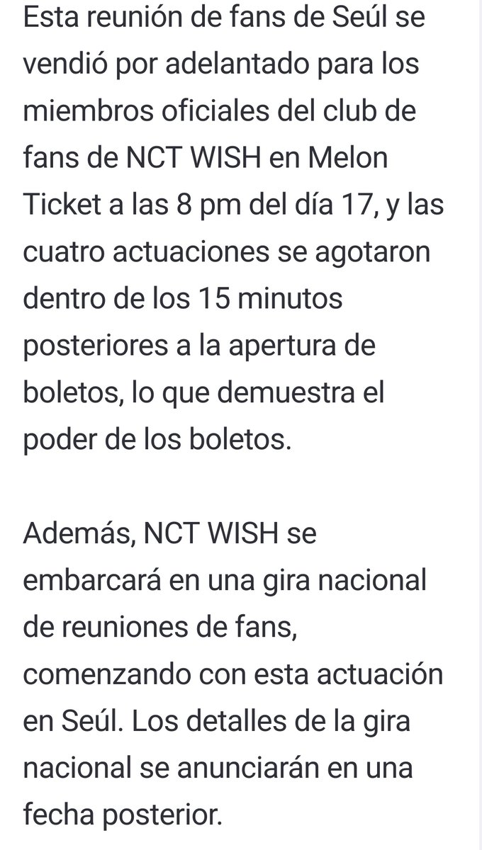 El 'Mejor Novato' #NCTWISH agota todas las entradas en 15 minutos de las cuatro Reuniones de Fans. El primer encuentro de fans de NCT WISH, 'NCT WISH: SCHOOL of WISH', se llevará a cabo del 25 al 26 de mayo para un total de cuatro actuaciones en Myeonghwa Live Hall en Seúl.