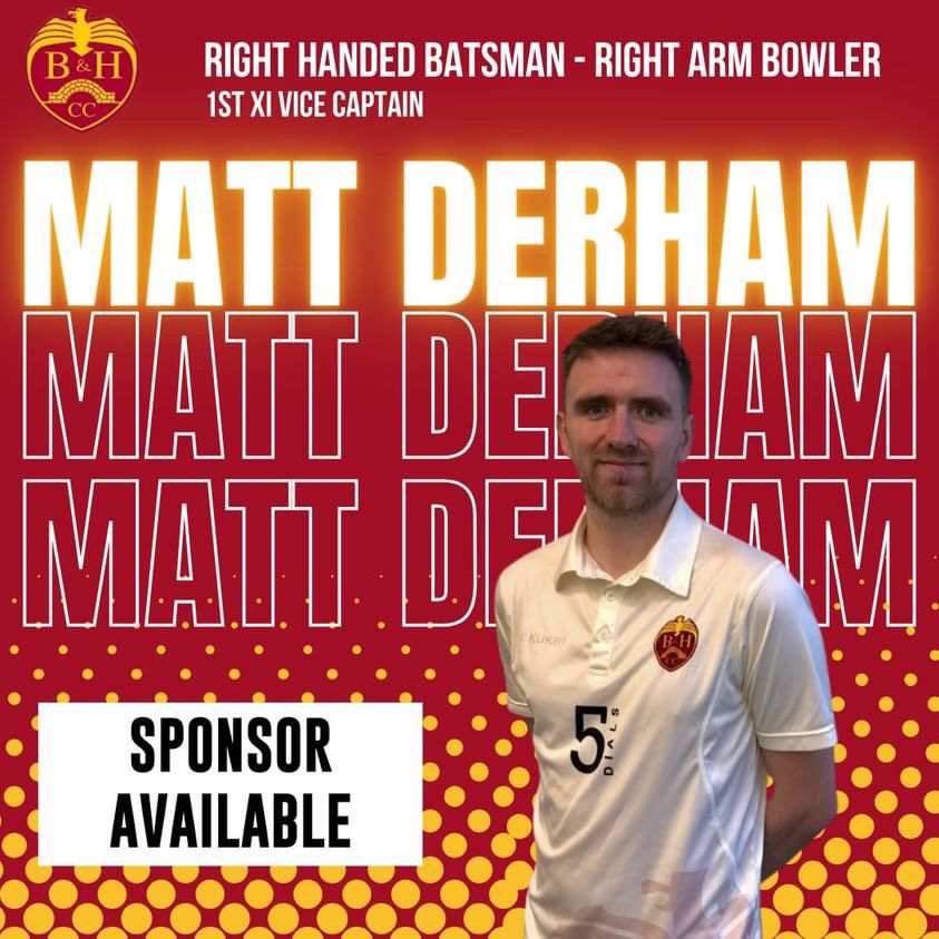 Introducing our squad for 2024, our 1st Xi vice captain Matt Derham. Matt is a talented allrounder, being the club’s 1Xi top wicket taker last season. His 2024 player sponsorship is still available, please get in touch with the club if you’d like to support us this season.