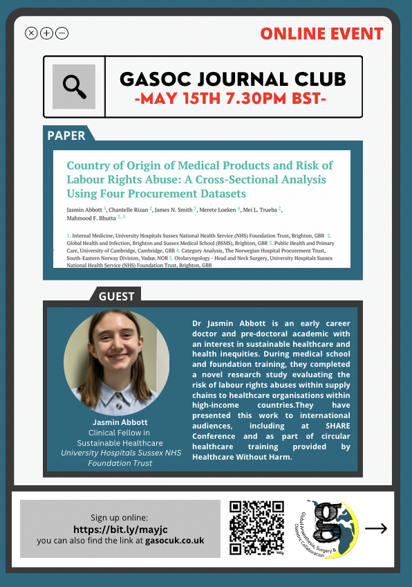 Medical products & labour rights: what is the link? Join our next #journalclub to find out more: 📅 15/5/24 🕑 7.30 PM BST 🔗 bit.ly/mayjc Access paper here: ncbi.nlm.nih.gov/pmc/articles/P…