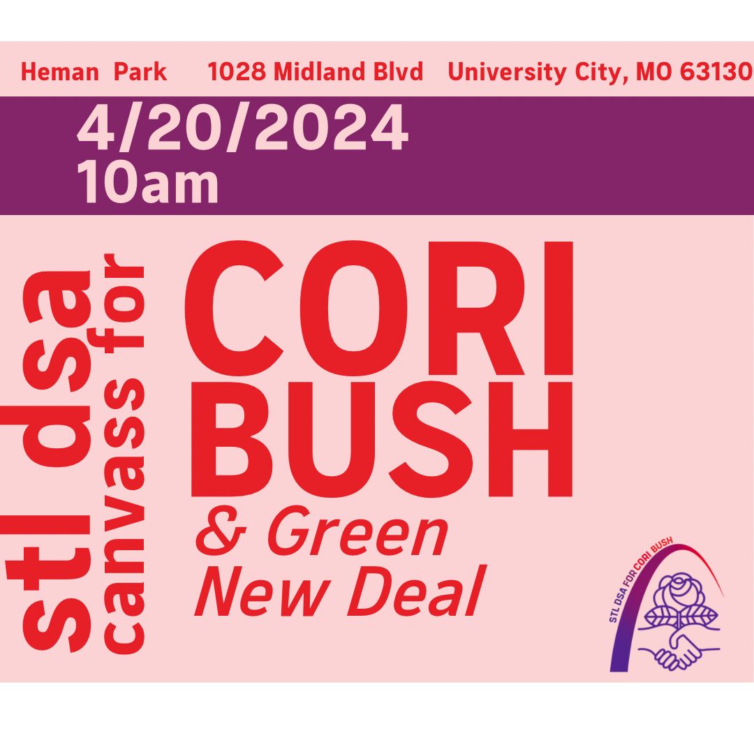 Join STL DSA on 4/20 as we talk with UCity residents about Cori Bush's upcoming primary race, as well as our ongoing campaign to pressure Wash U to paying their fair share toward UCity's public schools! The canvass kicks off at 10am in Heman Park. RSVP: buff.ly/4cS4XVf