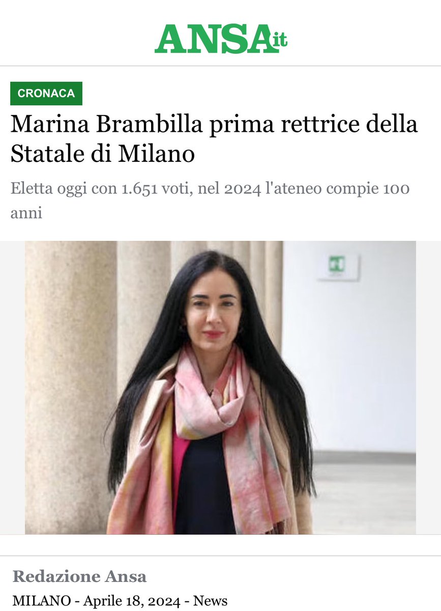 Prima donna a guidare l’Università degli Studi di Milano in 100 anni: complimenti a Marina Brambilla che ha sfondato uno dei  soffitti di cristallo  più duri, quello dei rettori universitari! Viva le donne! @marinabrambill2 #gendergap #18aprile