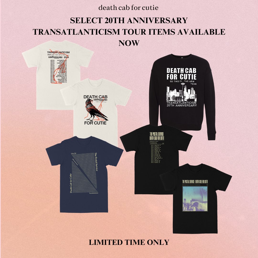 Here’s some new merch items for our tour w/ @PostalService. These will be sold at all North American shows but for a limited time, you can pre-order online. Plus, select items in our webstore currently up to 50% off. Pre-order & shop through 4/23 @ 5pm ET: found.ee/DCFC-Store