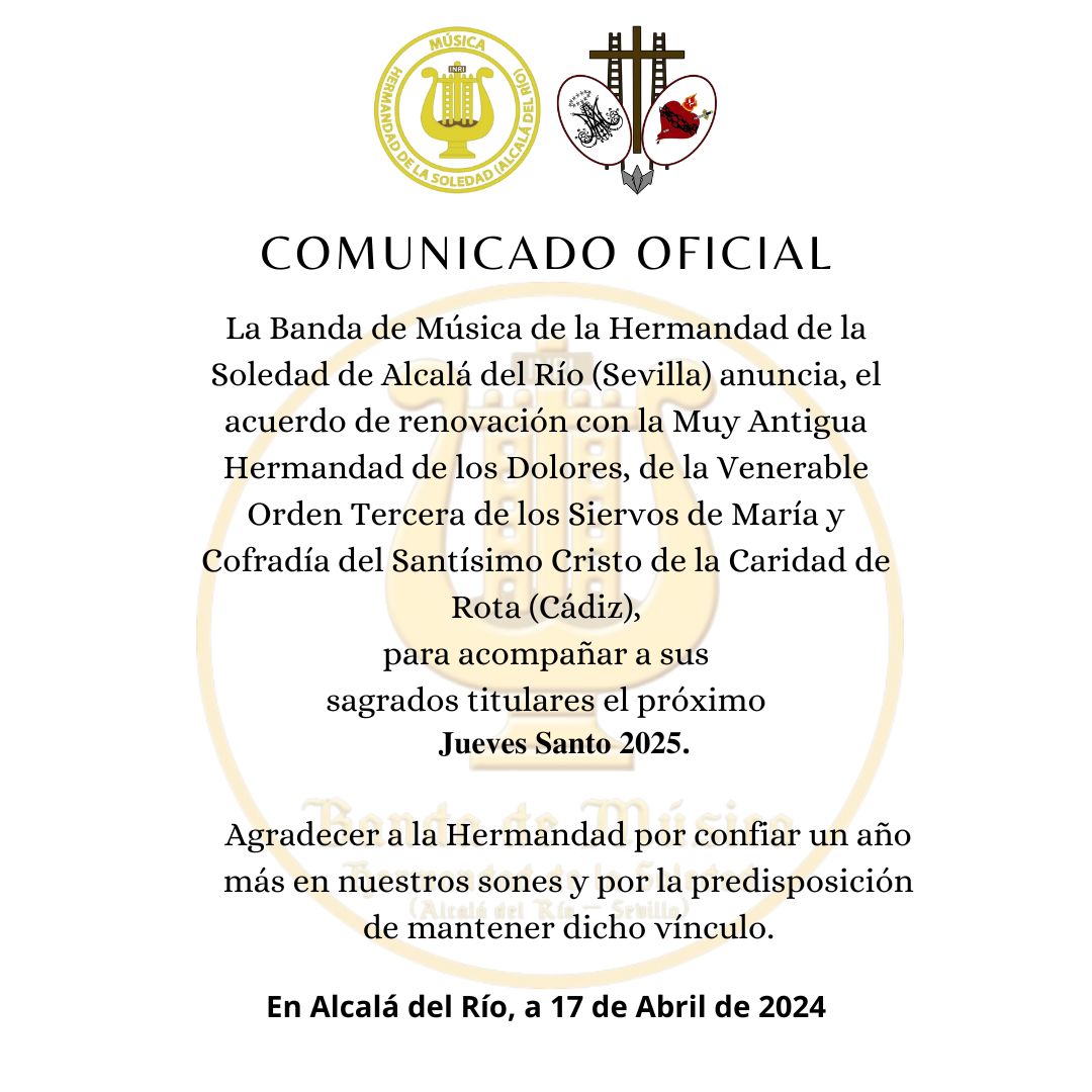 📆 JUEVES SANTO 2025🔴

Renovamos el compromiso con la Hermandad de los Dolores de Rota (Cádiz), para acompañar a Nuestra Señora de los Dolores y al Santísimo Cristo de la Caridad el próximo Jueves Santo 2025.

#SuenaSoledadAcalá
#DoloresYCaridad
#JuevesSanto2025