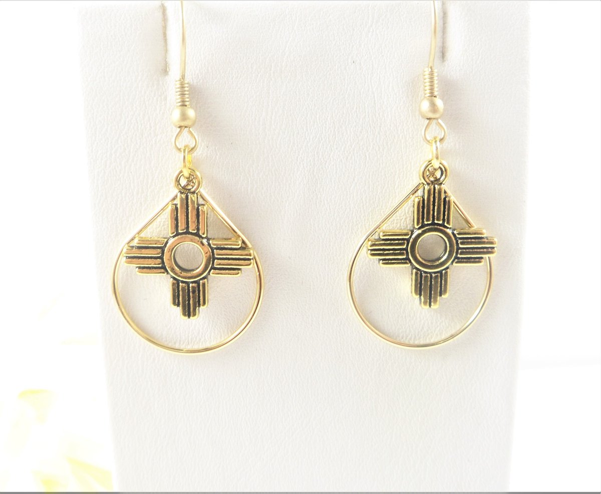 Gold Zia Teardrop Earrings, NM Zia Southwest Jewelry, Unique New Mexico Gifts for Her, Dainty Womens Trendy Earrings, Popular Right Now tuppu.net/1b6c37f0 #SantaFe #EtsyShop #EtsySeller #NewMexico #SpecialGiftForHer