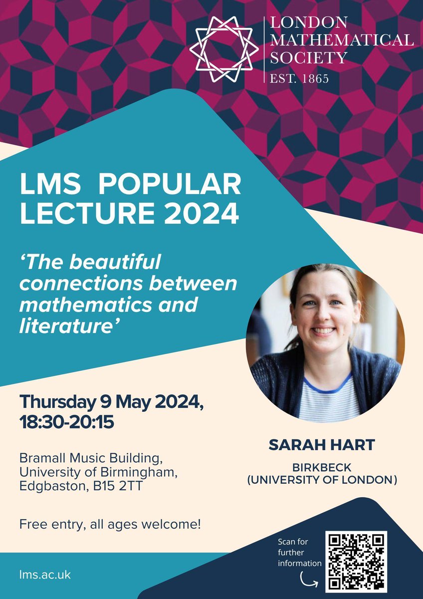 3️⃣ weeks to go until the LMS Popular Lecture 2024 w/ @sarahlovesmaths discussing the beautiful connections between mathematics and literature. Free event, all welcome incl. schools + other large groups! 📅 Thu 9 May, 18:30 📍 @thebramall, Birmingham ➡️ lms.ac.uk/events/lms-pop…