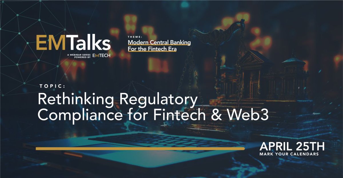 ✳️ Registration is now open for this month's EMTalks Webinar!  streamyard.com/watch/mfRKdm92…

🚨 Live Online!
🗓️ April 25, 2024
⏰ 8:00AM ET/12:00PM GMT

🌟 Topic: Rethinking Regulatory Compliance for Fintech & Web 3

Don't miss it! See you there!

#EMTalks #RegulatoryCompliance