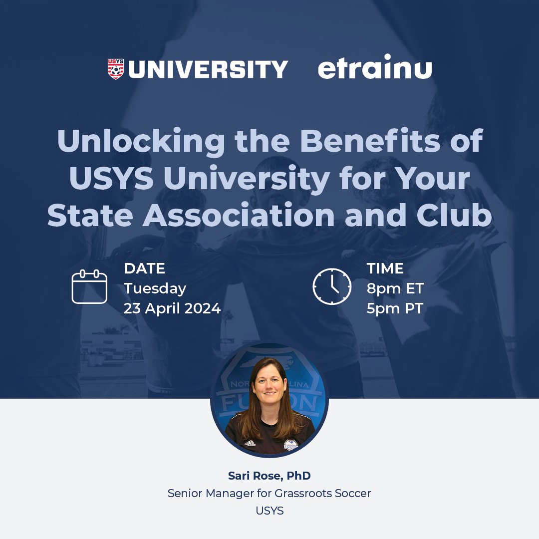 Explore an entire library of educational resources for any referee, club, or state association. Unlock the benefits of USYS University! ⚽️ Register for Radford's Monday Session ➡️ bit.ly/4aCHdCU Register for Dr. Rose's Tuesday Session ➡️ bit.ly/43Y2HYx