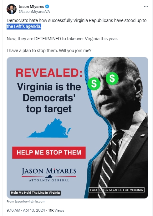 1) Nothing was 'revealed' 2) VA certainly isn't the Dems' 'top target' 3) the 'Left's' (actually the majority of VA's) agenda' Miyares refers to includes reproductive freedom, gun violence prevention, raising the min wage, enviro protection. Horrible, huh? bluevirginia.us/2024/04/thursd…