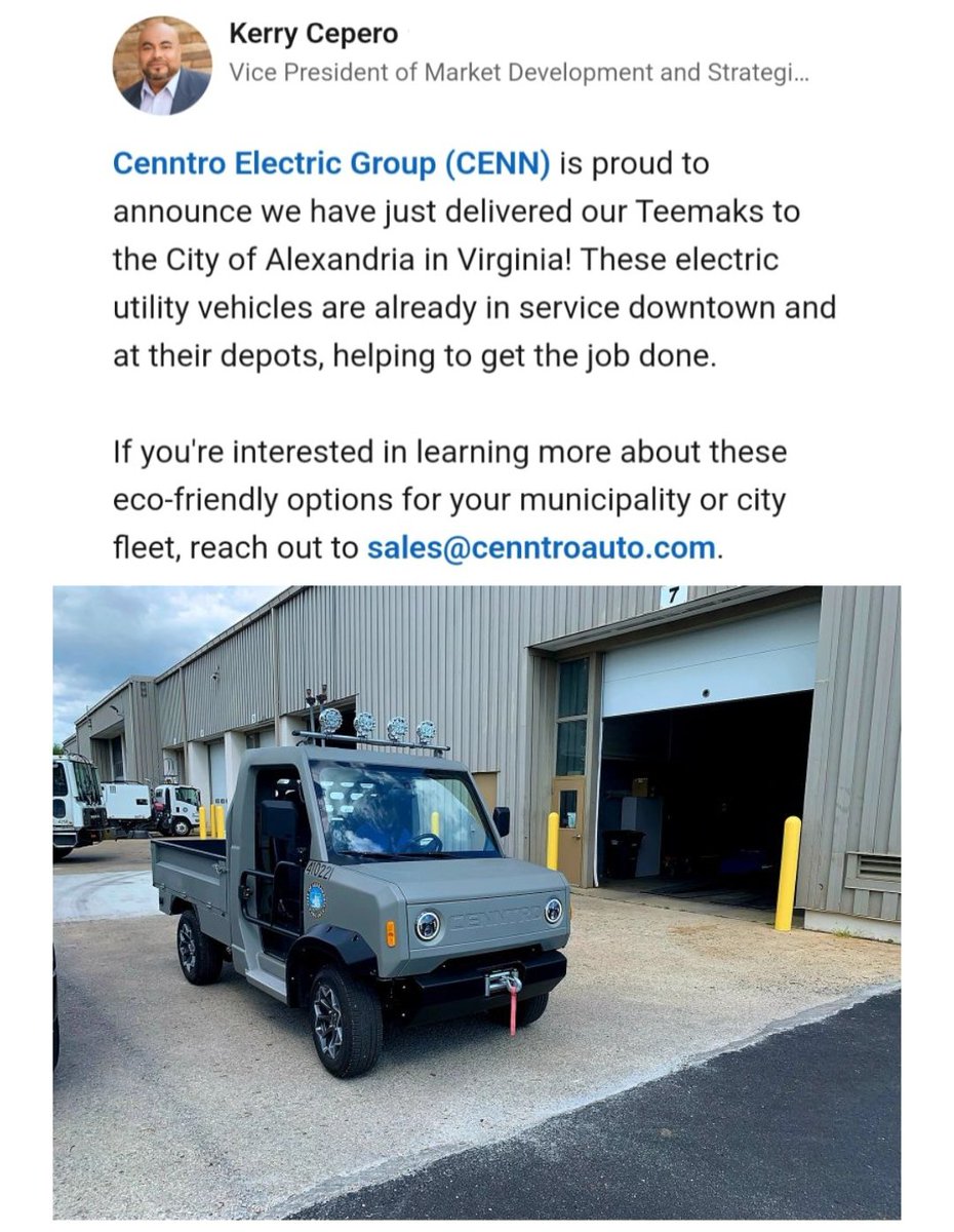 _X_Alex_'s tweet image. #CENN #CENNTRO - $CENN
#EV #ElectricVehicles
-
Kerry Cepero | Cenntro

Cenntro is proud to announce we
have just delivered our #Teemak(s)
to the City of Alexandria in Virginia
--