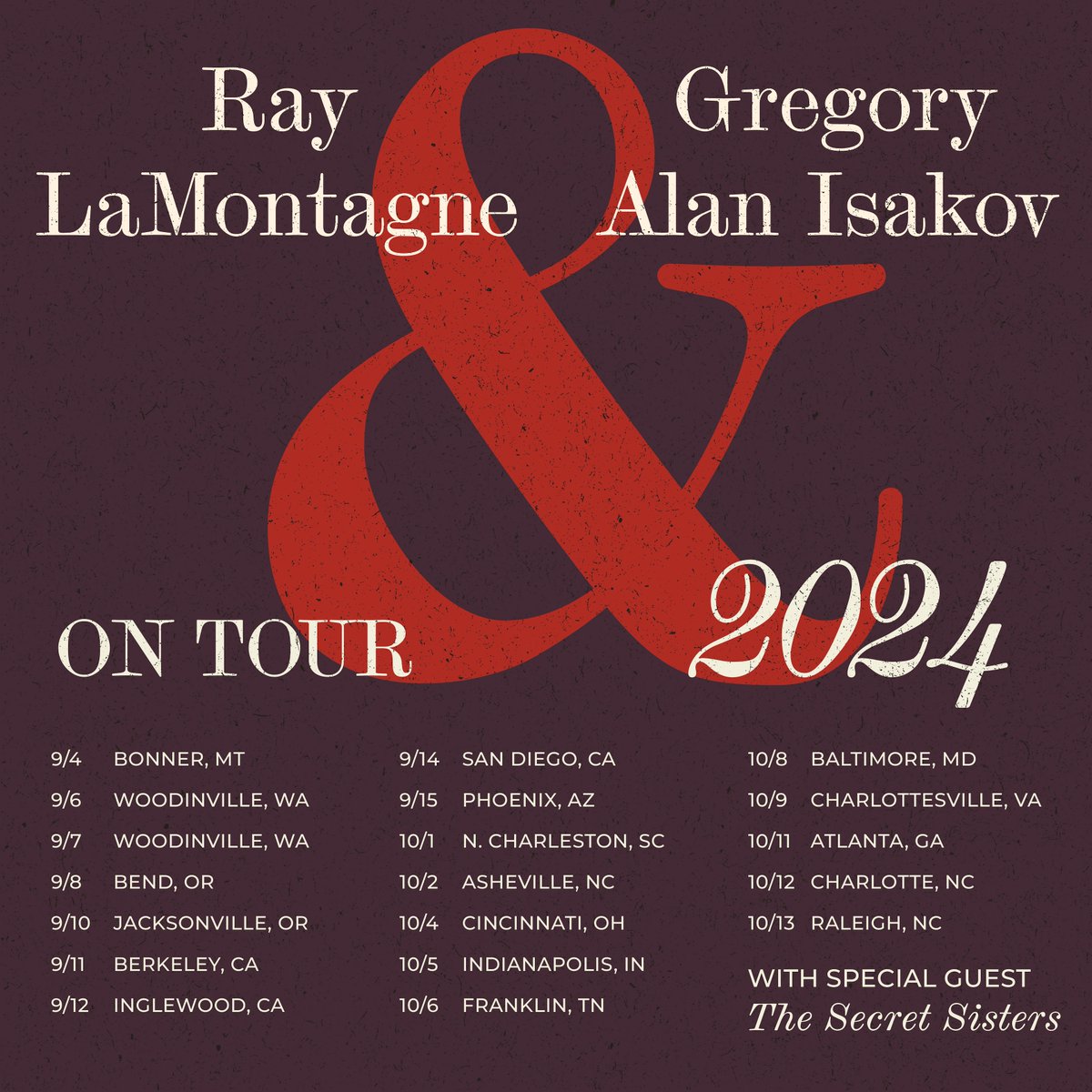 Gregory Alan Isakov (@gregoryaisakov) on Twitter photo Excited to announce we’ll be hitting the road this fall for a co-headline tour with the incredible <a href="/RayLaMontagne/">Ray LaMontagne</a> and very special guest <a href="/thesecretsister/">The Secret Sisters</a>. Sign up now to get access to the presale, starting early next week:
gregoryalanisakov.com/tour Excited to announce we’ll be hitting the road this fall for a co-headline tour with the incredible <a href="/RayLaMontagne/">Ray LaMontagne</a> and very special guest <a href="/thesecretsister/">The Secret Sisters</a>. Sign up now to get access to the presale, starting early next week:
gregoryalanisakov.com/tour