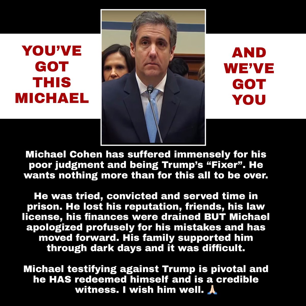 @MichaelCohen212 We are proud of you Mr. Cohen. Thankfully this will be over in a few weeks and you can continue rebuilding your life. You deserve only days with rainbows ahead. Our best to you and your family. My heart hurts for you. 🙏🏻❤️