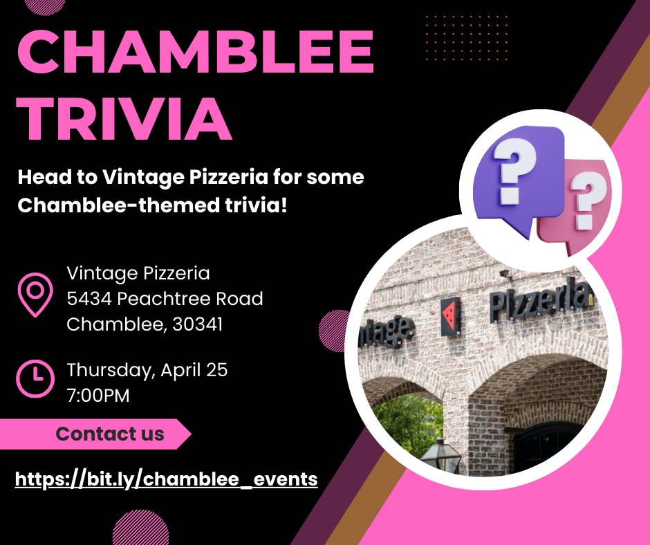 We have a variety of activities for @gacities Week! Bring your car seats to our FREE Car Seat Safety Check event on Wed, April 24 from 10am -12pm at the Chamblee Police Dept. On Thur, April 25, head to Vintage Pizzeria for Chamblee Trivia Night at 7pm.