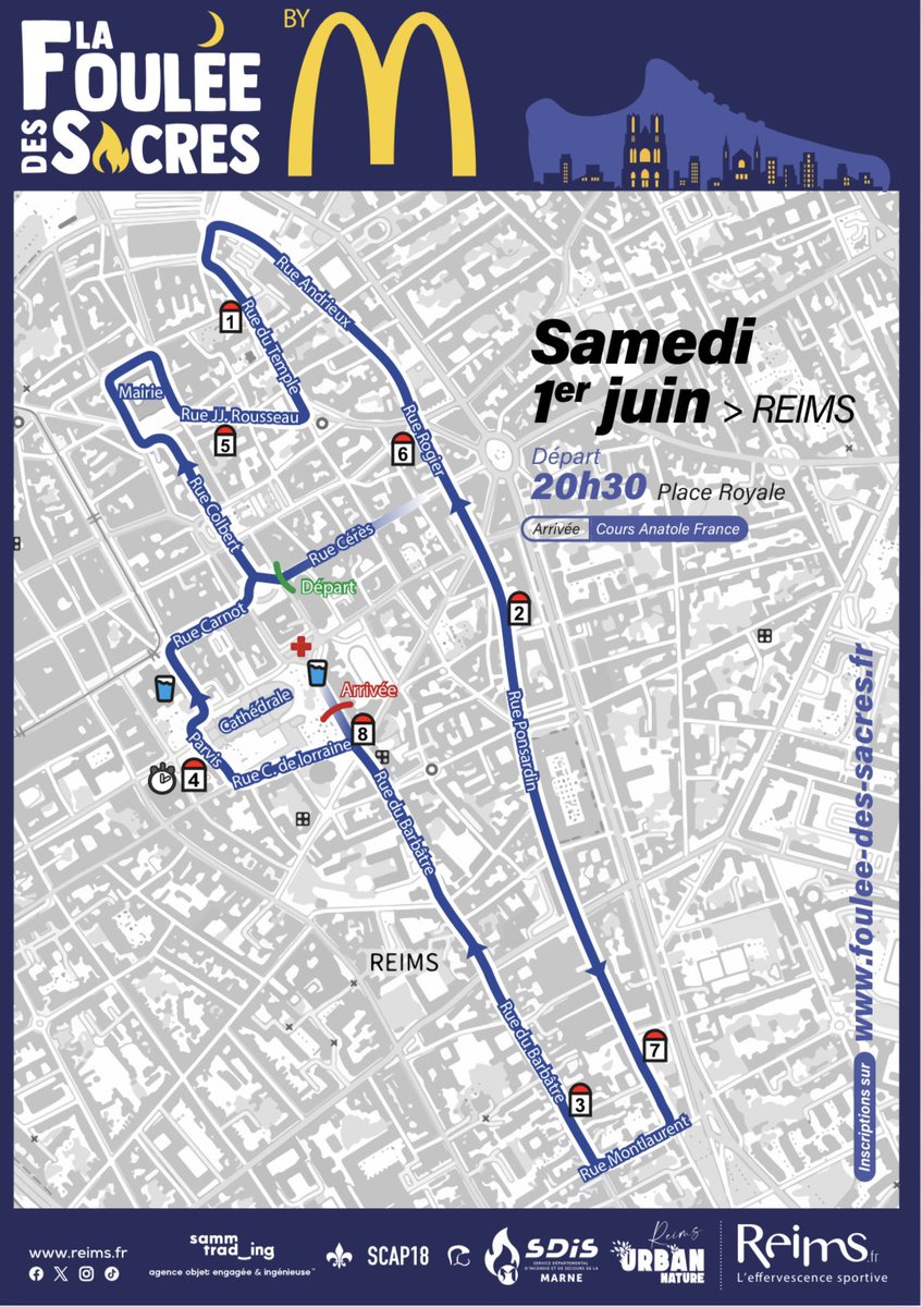 🔎 Voici le nouveau parcours des 8️⃣ km de la Foulée des Sacres By Mc Donald’s 2024 

🔄 boucle à parcourir👟 2️⃣ fois 
🚀 Départ depuis la rue Ceres
🏁 Arrivée sur le cours Anatole France 

📝 Inscription et informations ℹ  sur foulee-des-sacres.fr