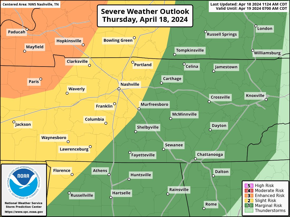 Mid-Day SPC update holds with us in the slight risk area. Expect initial storm development sometime around 3:00pm with stronger storms still expected this evening into the overnight. Damaging winds biggest threat followed by large hail and possible tornadoes. Stay weather aware!