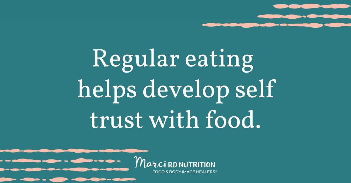 It's nearly impossible to develop self-trust with food if you haven't first developed a reliable pattern of eating. By starting with regular eating, your body will begin to sense that you have its back!

#RDChat #eatingdisorder #recovery #intuitiveeating #RD2BE