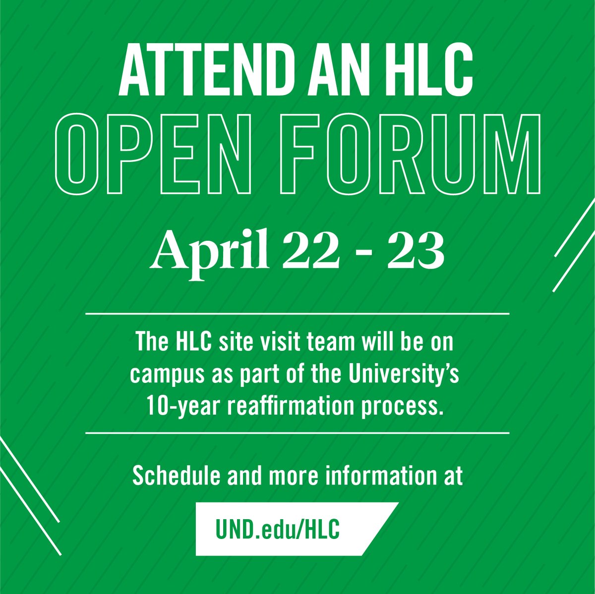 Five open forums will be held in connection with the Higher Learning Commission’s site visit to UND on April 22-23. Students, staff and faculty are encouraged to participate in these sessions to help the site visit team learn more about the University: bit.ly/3xATnOa