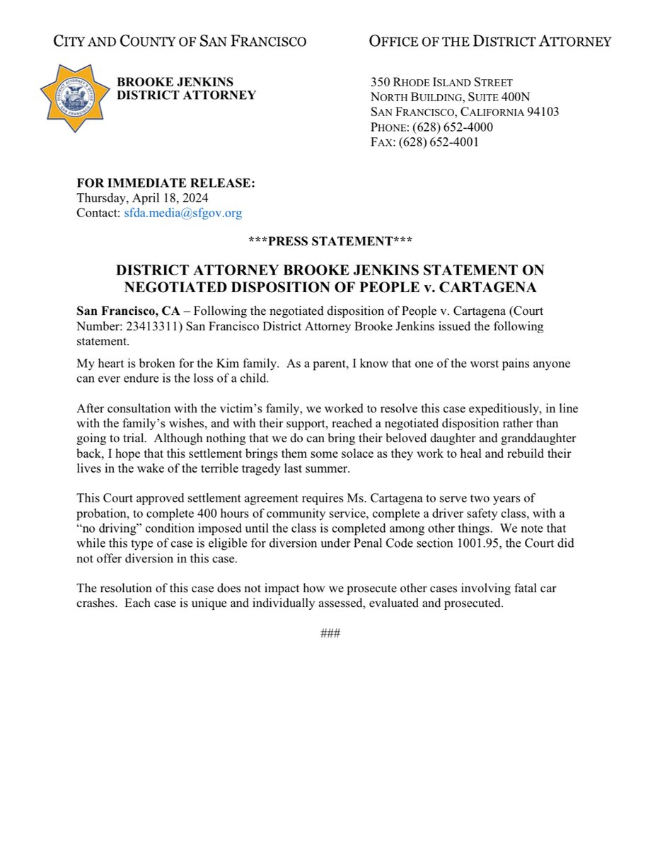 Our statement following the negotiated disposition of People v. Cartagena. After consultation w/ the victim's family, we worked to resolve this case expeditiously, in line w/ the family's wishes, & w/ their support, reached a negotiated disposition rather than going to trial.