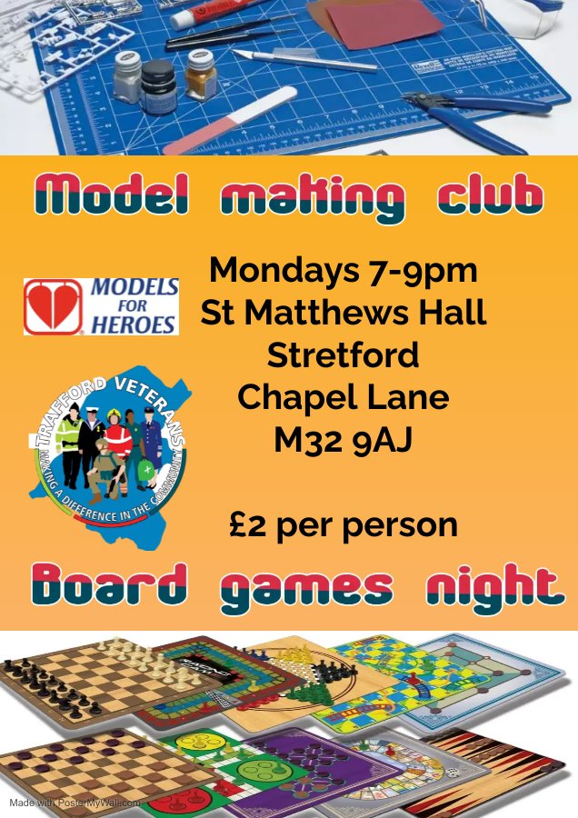 It's been hard to find a new instructor for the craft side of things. There's other local craft groups, so a decision has been made by @TraffordVetsUK board to change Monday nights into a model making & board games club! This will start May 13th after the bank hol on the 13th