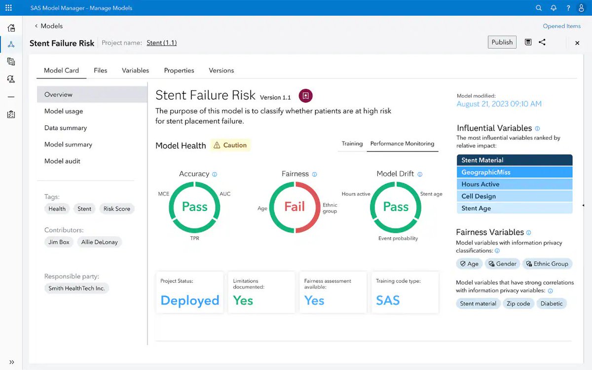 List of top themes & solutions discussed at #SASInnovate today:
🔵Models as a Product
🔵Customer Testimonials
🔵Cloud Workload Management
🔵SAS Data Maker
🔵SAS Model Cards (graphic below)
🔵Trustworthy #AI

🌟𝒜𝐼 & 𝒜𝓃𝒶𝓁𝓎𝓉𝒾𝒸𝓈 𝐹𝑜𝓇 𝒜𝓁𝓁🌟

#SASVisionary @SASsoftware