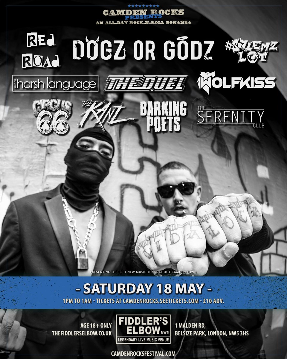 NEW SHOW 📣 #CamdenRocks presents an all-day rock-n-roll bonanza featuring #DogzOrGodz @TheKanzBand @BarkingPoets and more live at @FiddlersCamden, Saturday 18 May. TICKETS & BAND LINKS 🎟️ fb.me/e/5mpVrIM5M
