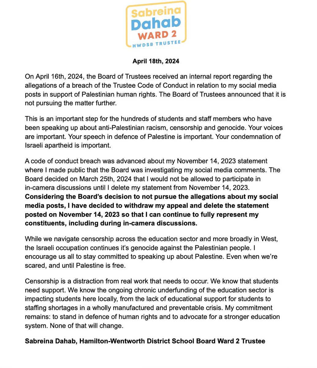 On April 16th, the Trustee Board received a report regarding the allegations of a breach of the Trustee Code of Conduct in relation to my social media posts in support of Palestine. The Board of Trustees announced that it is not pursuing the matter further. #Hamont